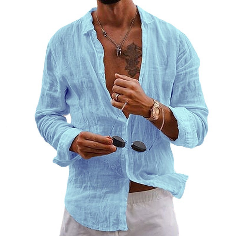 Mens shirt 2026 new model solid color loose fit single-breasted turn-down collar cotton-linen long-sleeve shirt - view 6