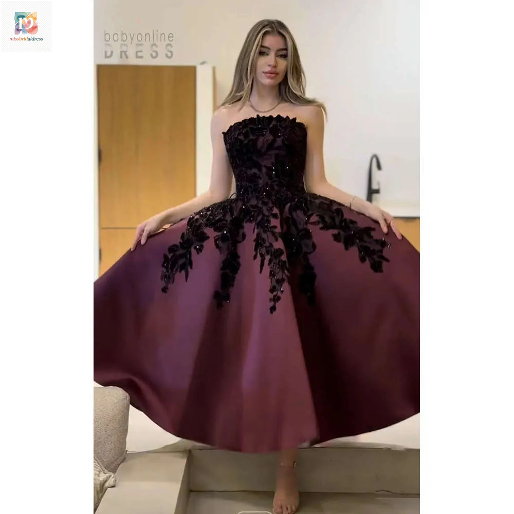 Brand Burgundy Strapless Satin A Line Prom Dresses With Glitter Beads Lace Appliques Evening Gown For Graduation And Birthday Party Mb626 - view 1