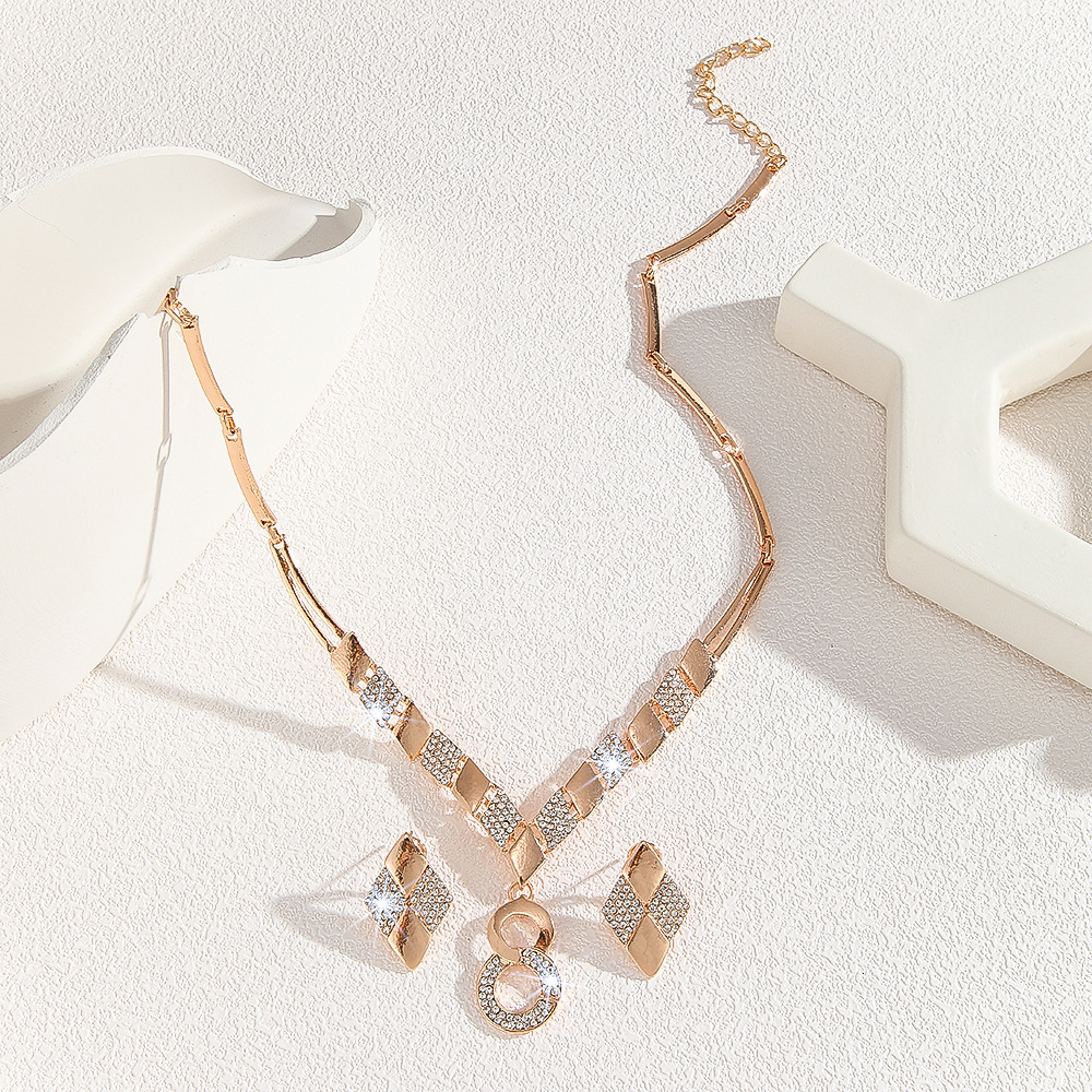 Gold Plated Geometric Square Rhinestone Jewelry Set Double Circle Figure 8 Pendant Bib Necklace Drop Earrings Women Evening Party Statement Costume Ac - view 5