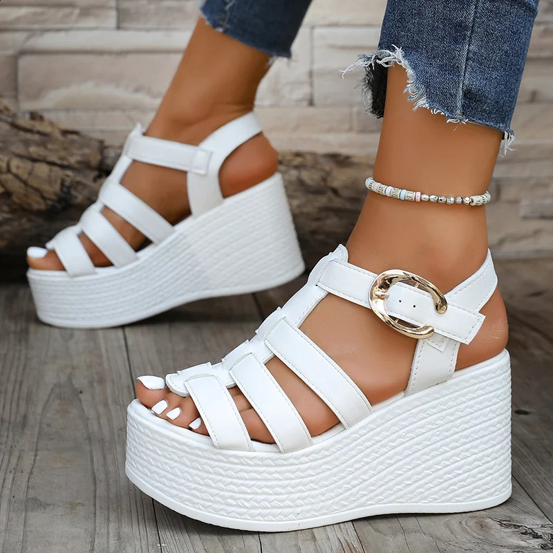 Roman Style Womens Wedge Heel Sandals Thick Bottom Buckle Strap Gladiator Woman Summer White Chunky Platform Sandalias 260626