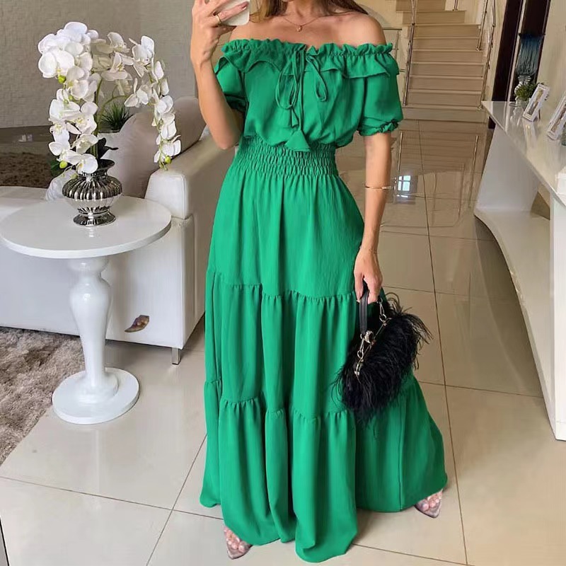 2026 New Fashion Solid Color Lotus Lace-Up Ruffle Trim Strapless Puff Sleeve Flared Dress - view 3
