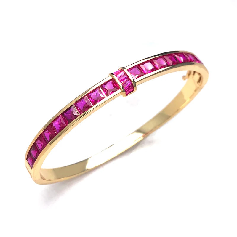 Elegant Ruby Bangle Created Red Corundum Gemstone Bracelet Yellow Gold for Women Lady Party Birthday Trendy Jewelry Gift 260626 - view 7