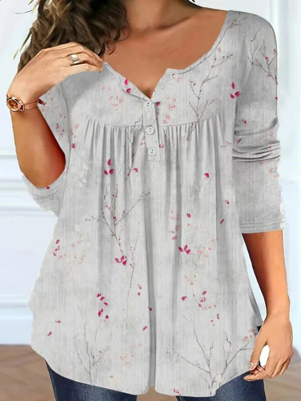 Plus Size Womens Spring and Autumn Long Sleeve Random Plant Print Button T-Shirt 260626 - view 5