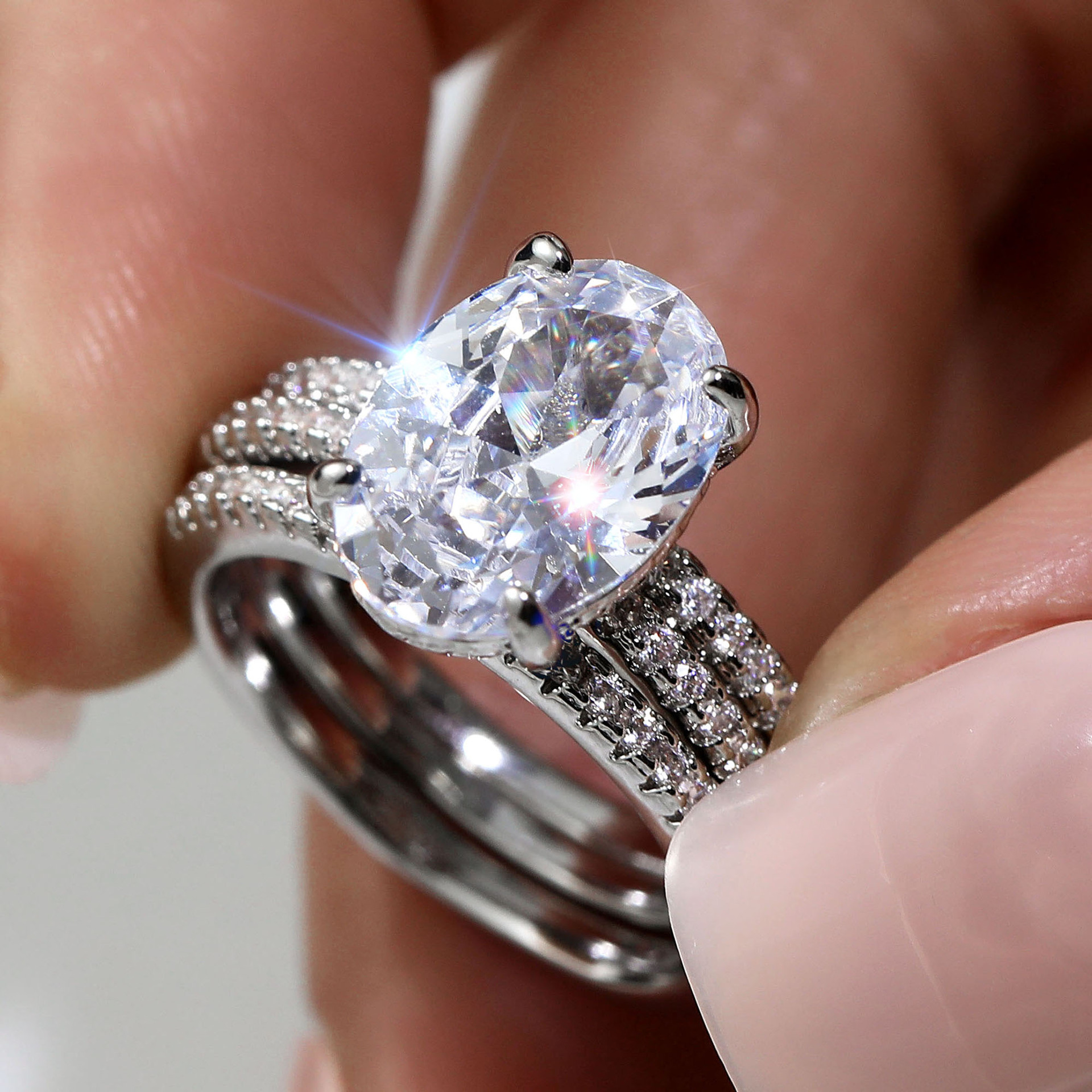 3pcs Wedding Couple Rings Set Sparkling Luxury Jewelry Silver Fill Large Oval Cut 5A Cubic Zirconia CZ Diamond Eternity Party Women Bridal Ring For Lo