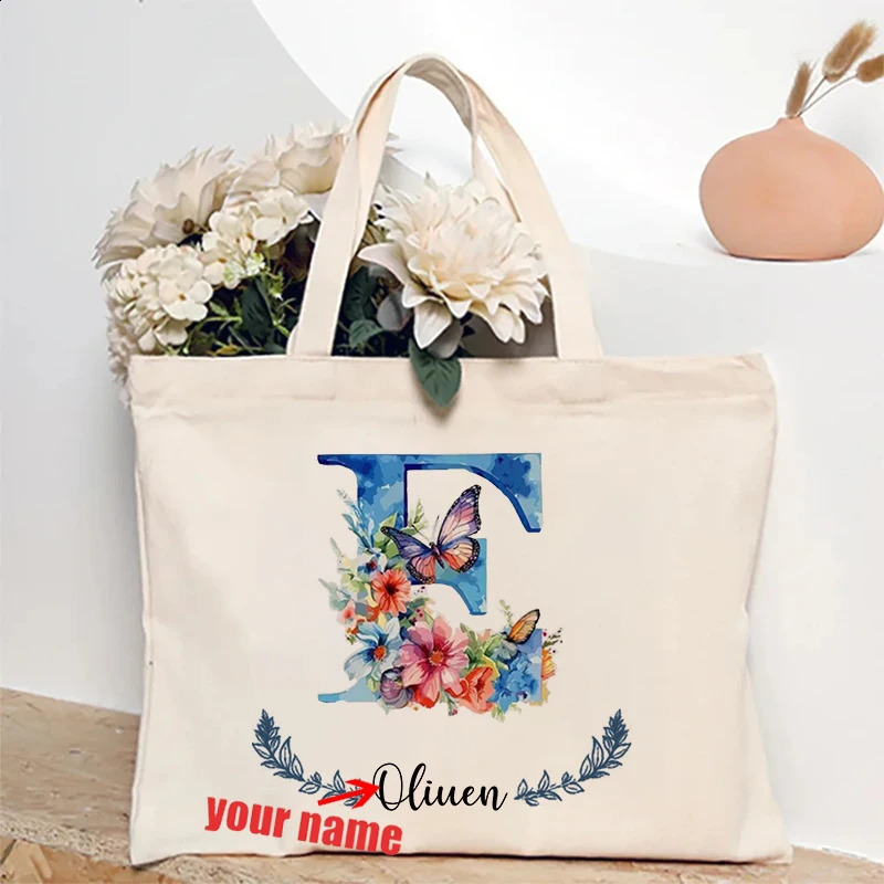 Flower Butterfly Letter Personalized Name Canvas Tote Bag Organizer Romantic Wedding Bridesmaid Party Gift Handbag Shoulder Bags 260625 - view 3