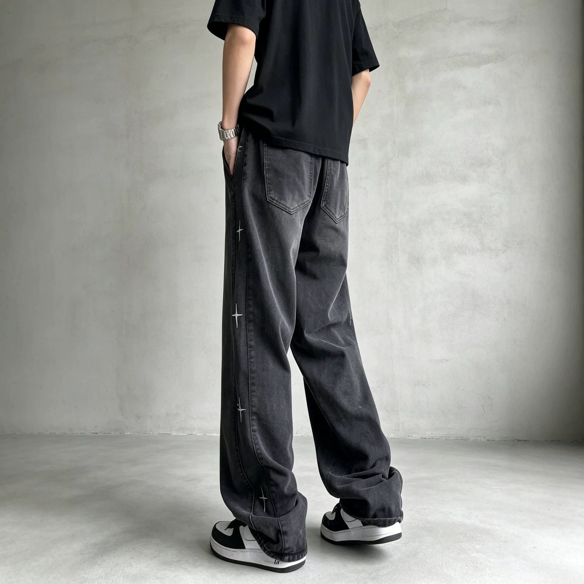 Exclusive Men's Pants Star-Embroidered Jeans, American Hip-Hop Style, Summer Thin Loose Straight-Leg Trousers Embroidered Jeans Straight Leg Pant - view 4