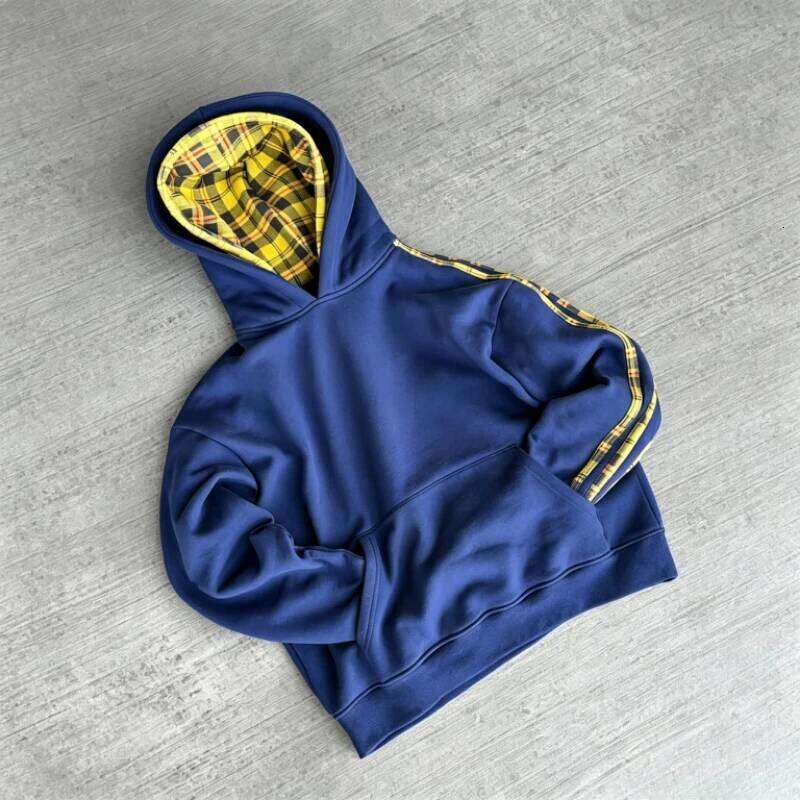 Y2K Retro Stripe Hoodie Double Hood Blue Yellow Contrast Plaid Side Tape Sweatshirt Hip Hop Streetwear Unisex Boxy Clothes W260626