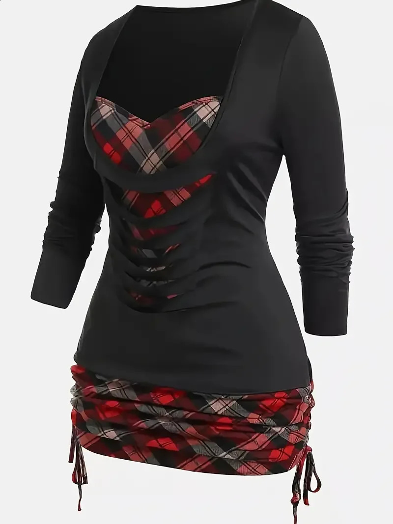 Plus Size Womens Plaid Printed Ripped Long Sleeve Top T-Shirt 260626 - view 5