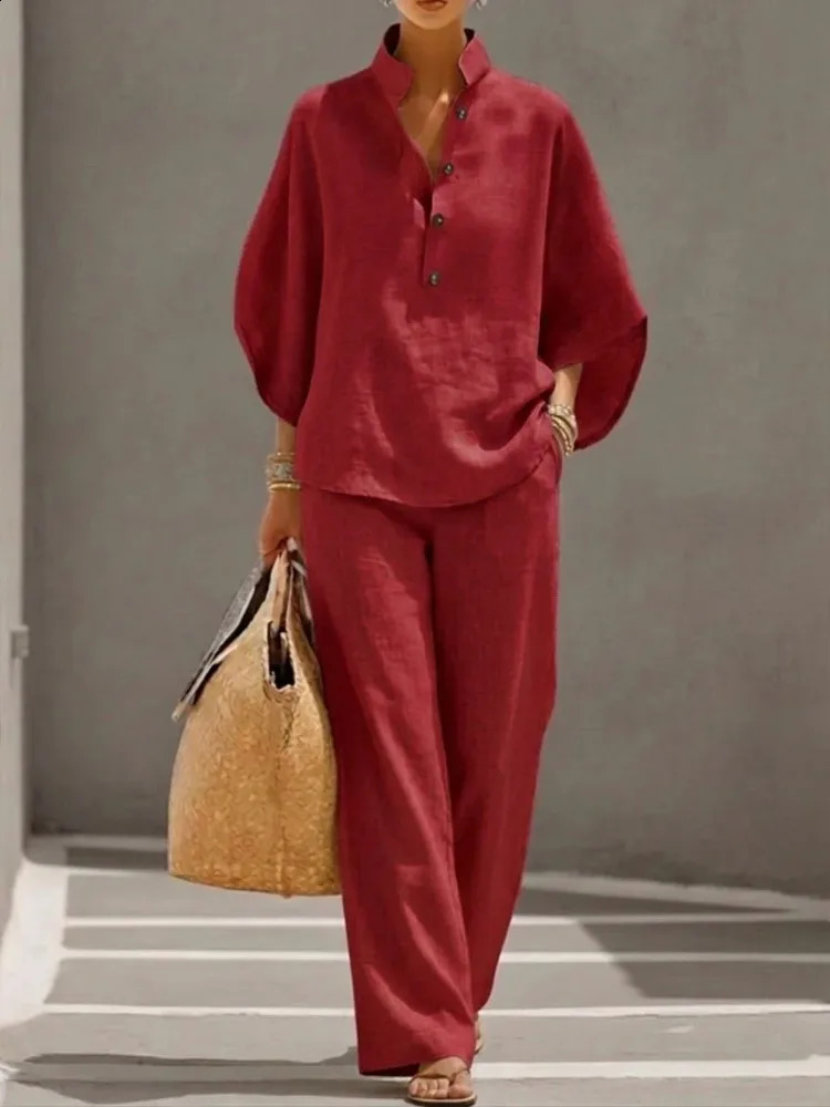 2026 Summer Fashion Womens Cotton and Hemp Two Piece Set Single Breasted Half Open Sleeved Top Pants Commuter 260626 - view 7