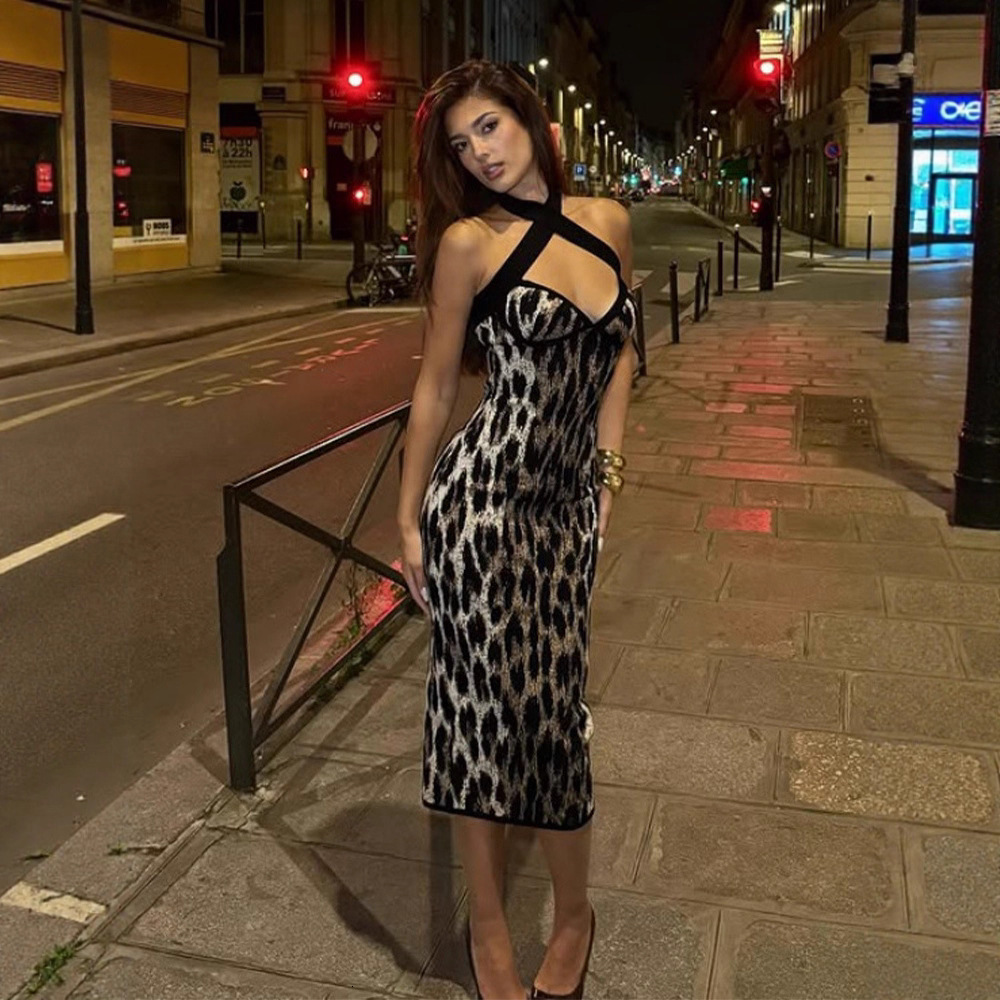 Womens Trend Halter Dress Womens Retro Leopard Print Thin Strap Slim Fit Sexy Mini Gown For Women Daily Summer Street Bar Outfits - view 5