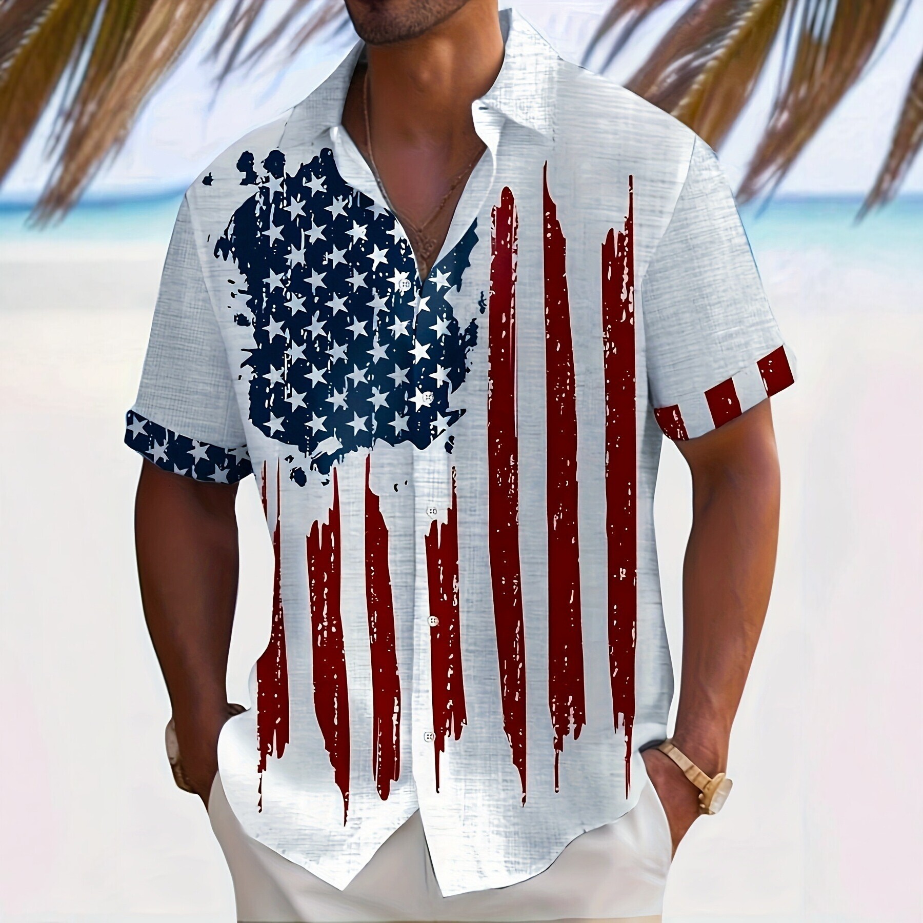 Distressed Stars And Stripes Casual Shirt,Geometric Print Mens Cream Cotton Casual Shirt Lightweight Party Outfit