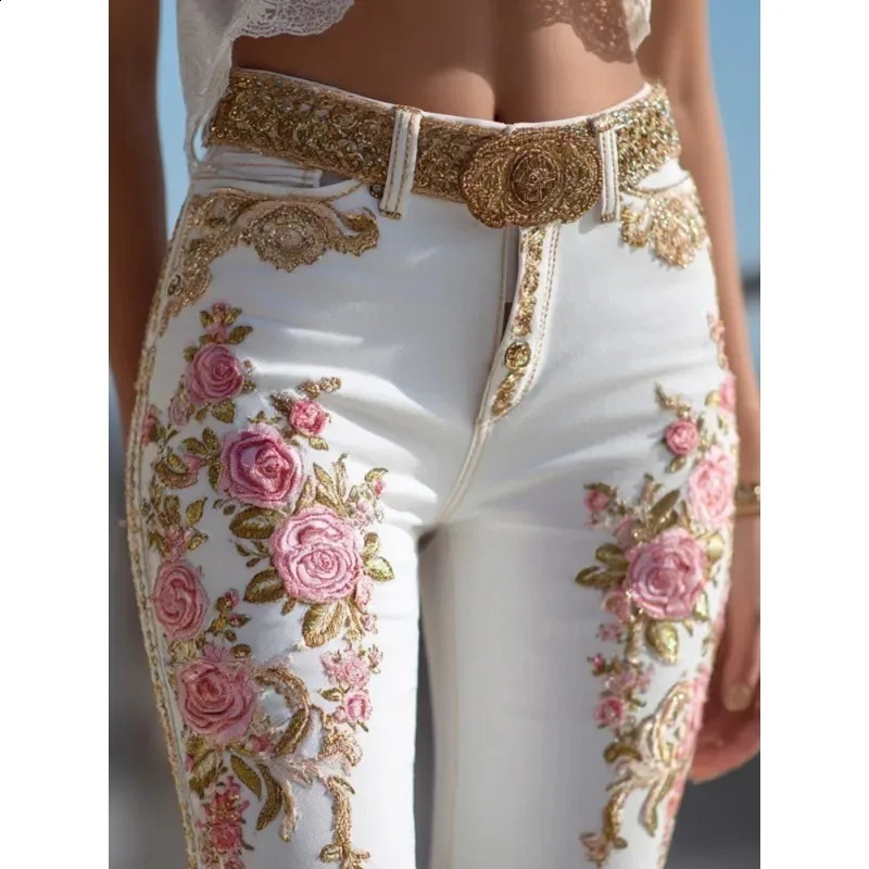 Womens European American Style Floral Print Jeans Straight Leg Casual Denim Pants 260625 - view 5