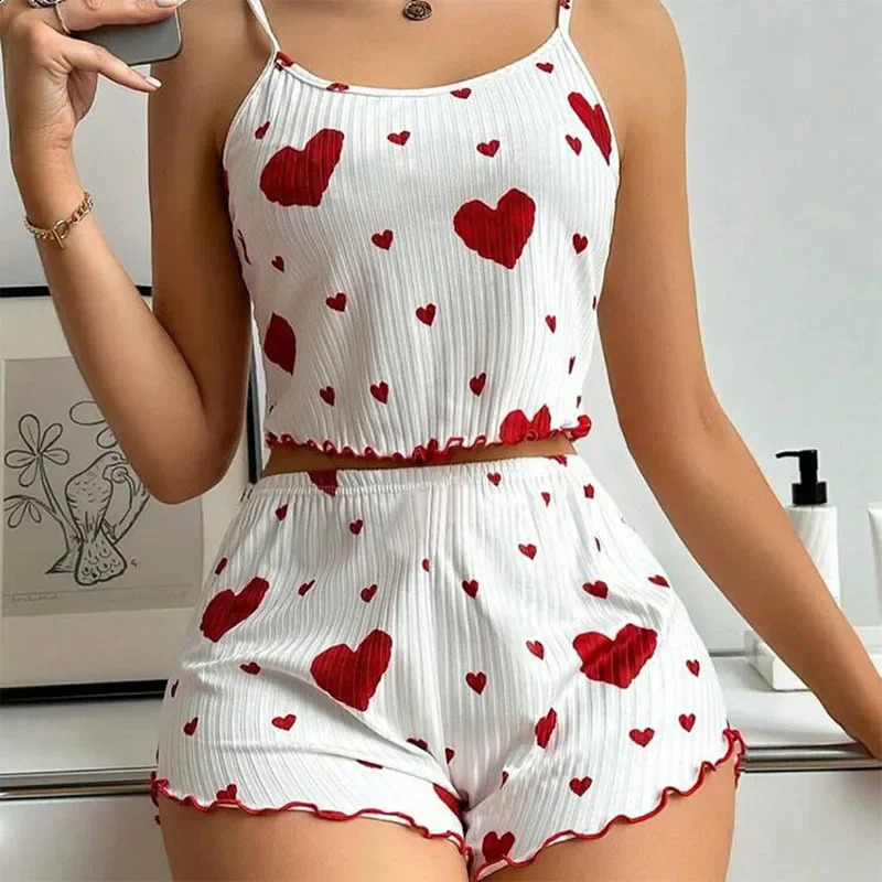 Womens Pajamas Set Sleepwear 2 PCS Short Tank Tops And Shorts S M L White Ventilate Soft Casual Love Printing 260625