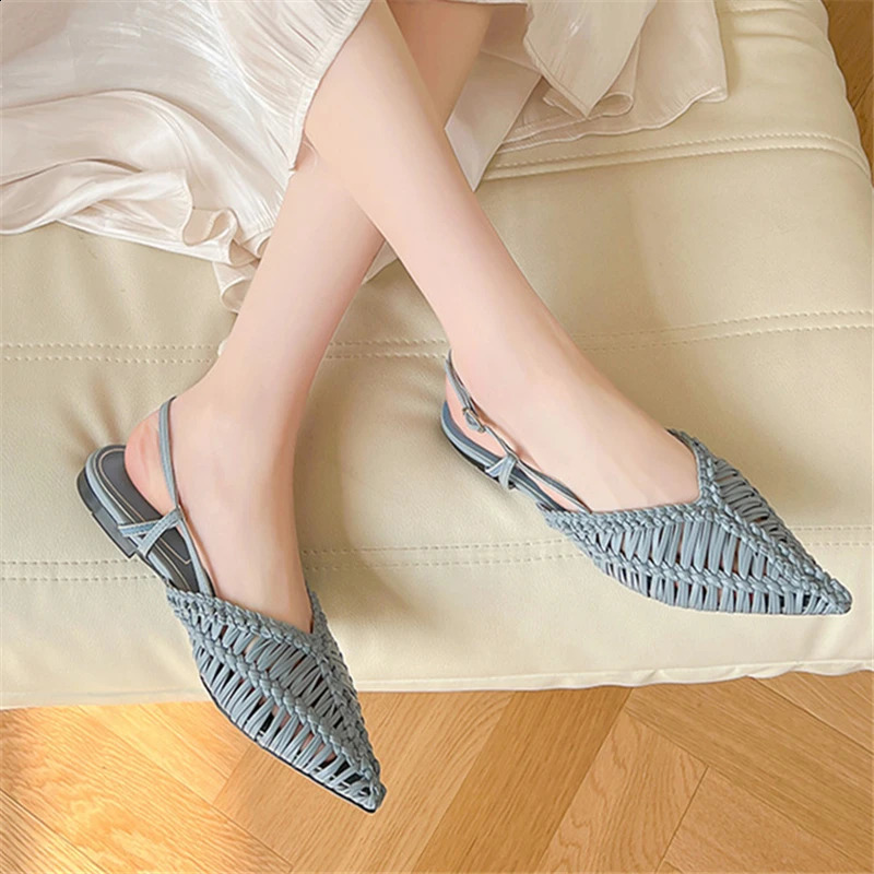 Braided Womens Sandals Summer Pointed Toe Flat Shoes Ladies Blue Hollow Out Beach Mules Gladiator Sandalias Mujer Slippers 260626 - view 4