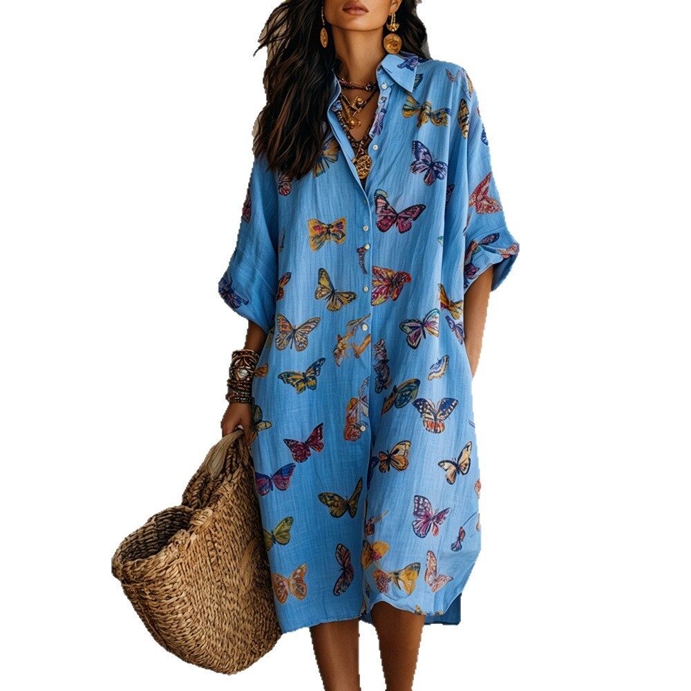 Women's Butterfly Print Dress, Lolita-Style Knee-Length Pencil Dress with V-Neck, Three-Quarter Lantern Sleeves, Dropped Waist and Split Detail, Butte - view 6