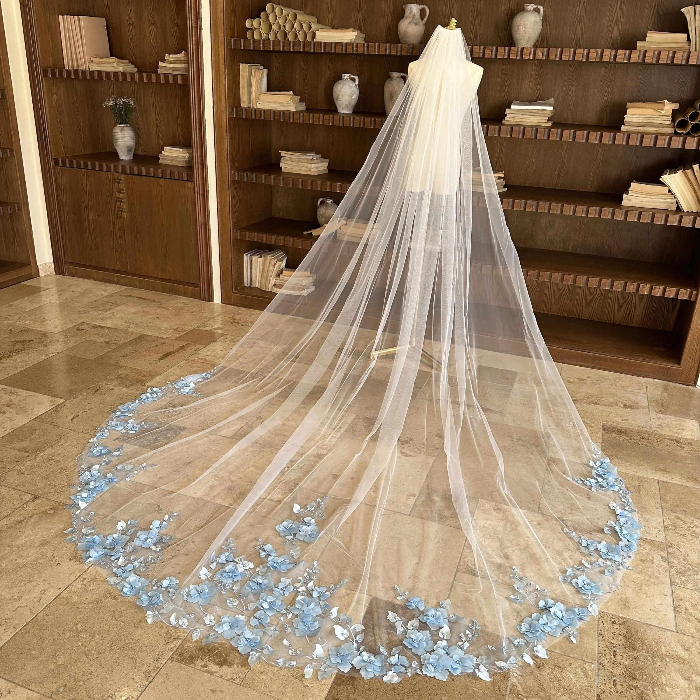 Romantic 3D Floral Lace Wedding Veils Long Cathedral Length One Layer Bridal Veils Soft Tulle Customized Velo De Novia - view 4