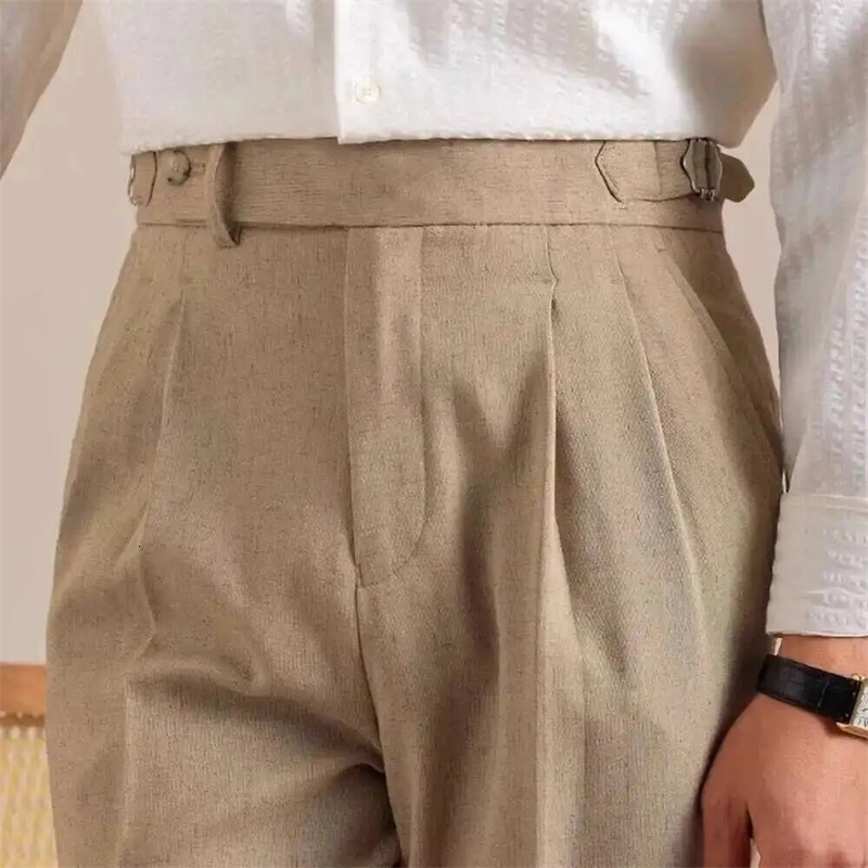 Naples High Waist Linen Suit Pants Men Breathable Straight Leg Office Trousers Pantalon Costume Homme Mens Social y260618