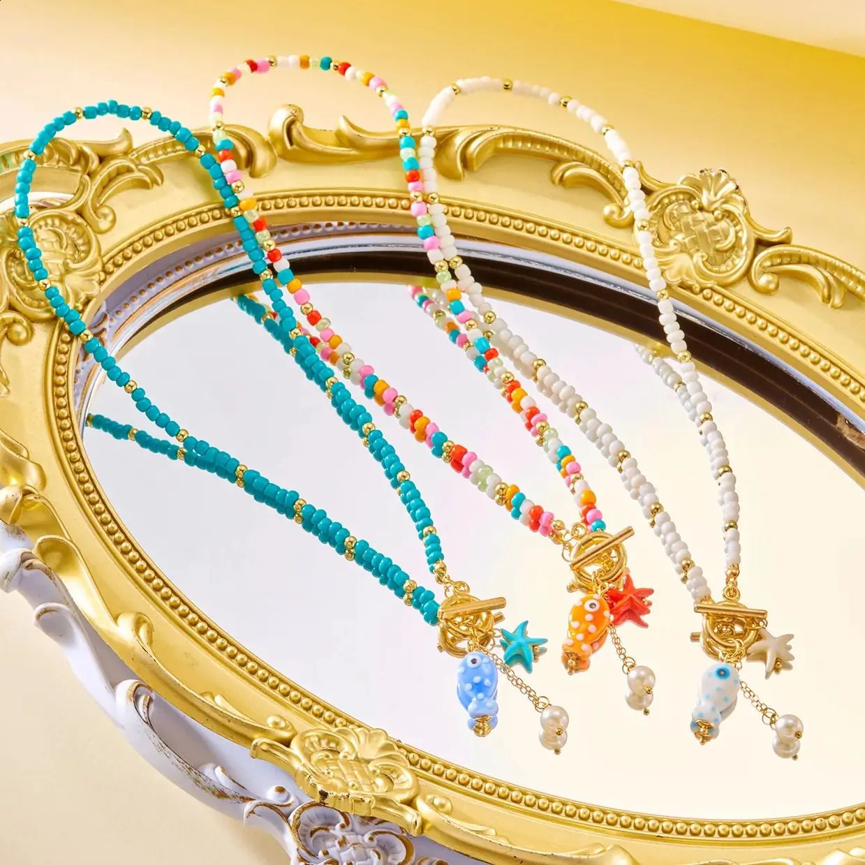 Bohemian Ceramic Fish Starfish Pendant Necklaces for Women Men Colorful Rice Beaded Chain Necklaces Lightweight Beach Jewelry 260626 - view 7