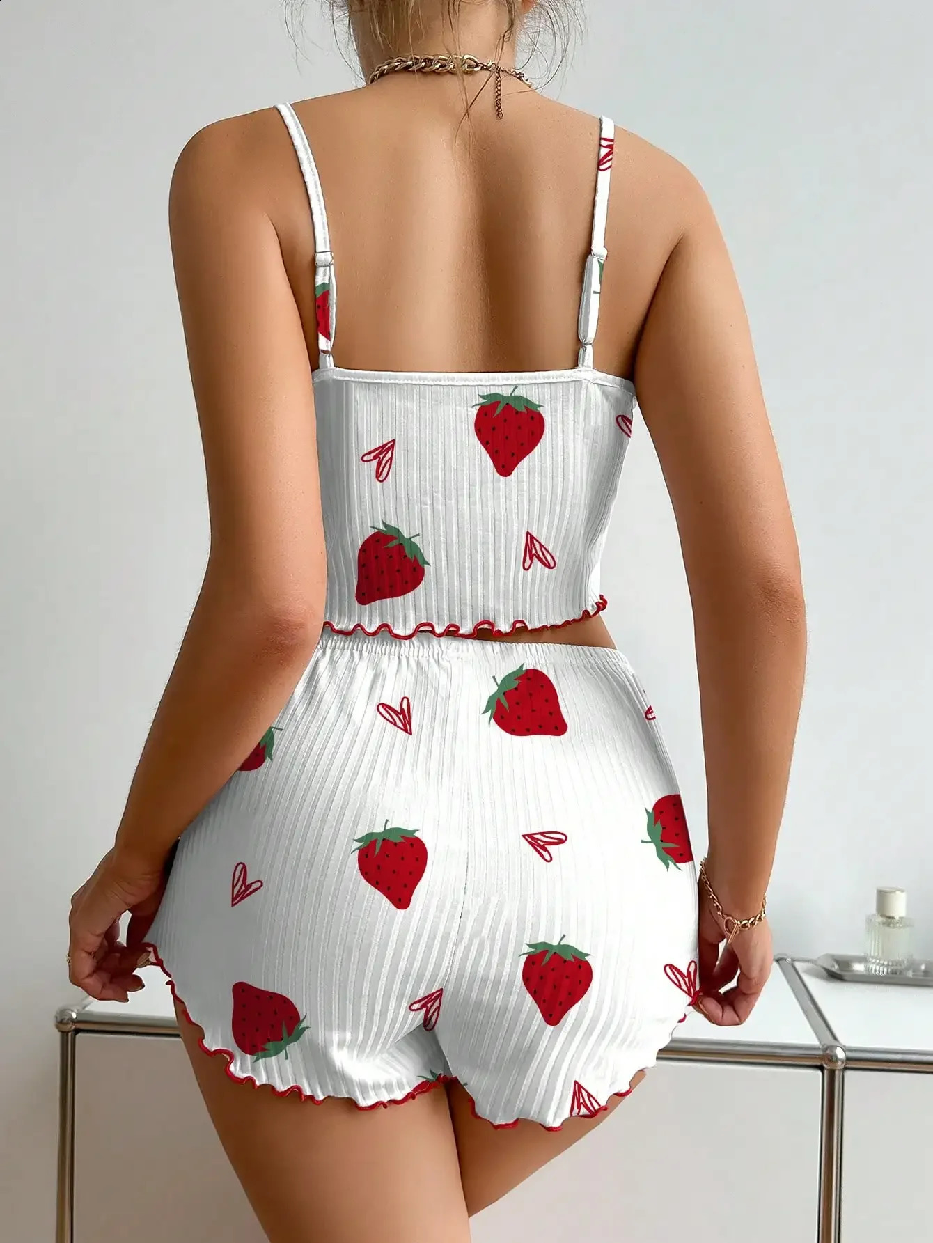 Strawberry Printing Casual Camisole Vest Tops and Shorts 2 Pieces Pajamas Set Womens Summer Sleepwear Loungewear 260625 - view 3