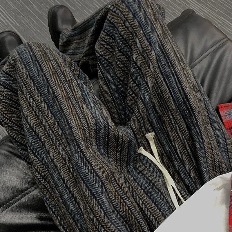 All Match Thick Loose Straight Leg Pants with Autumn and Winter Stripes Woolen Drape Casual Mens Retro 260625 - view 5