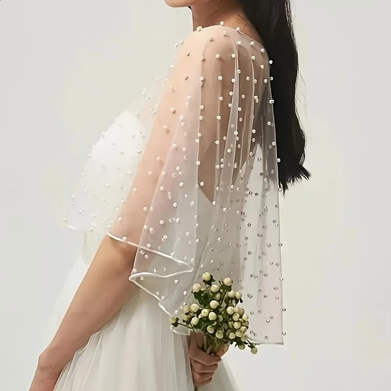 White Pearl Net Shawl for Bridal Wedding Short Sleeve Style with Plain Silk Edge 260625 - view 3