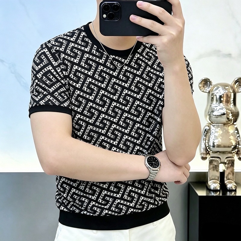 2026 Fashion Trendy Men's Clothing Nylon Ice Silk Smooth Hollow Breathable European Style Short Sleeve Men Round-Neck Pullover - view 5