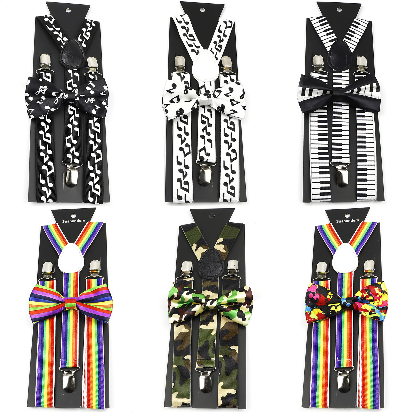 Novelty Musical Notes Printed Suspender Bowtie Sets For Men Kids Elastic Y-back Straps Butterfly Wedding Groomsman Accessory 260626
