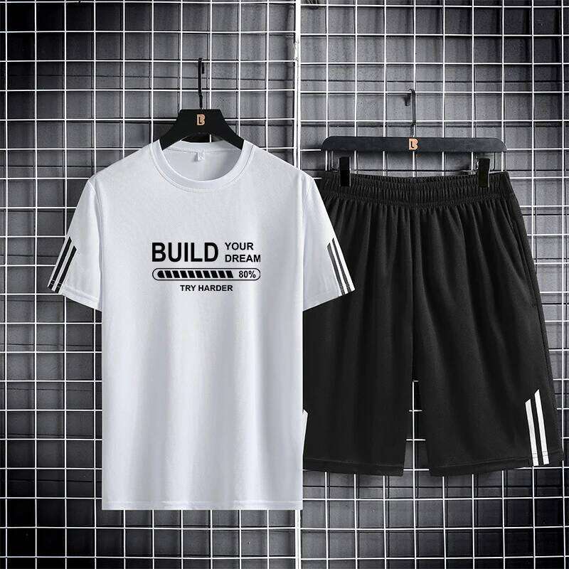 Ice Silk Quick Drying Sports Couple Three Bars Summer Thin Breathable Trendy Printed Short Sleeve Shorts Set of Two 26Y0626 - view 4