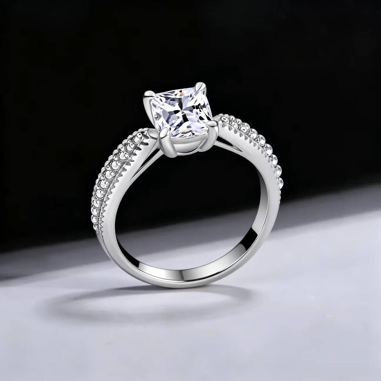 QX Classic Luxury Real Solid 925 Sterling Silver Black Rhodium Plated Flower Design Prong Set 10Ct Moissanite Wedding Ring - view 4