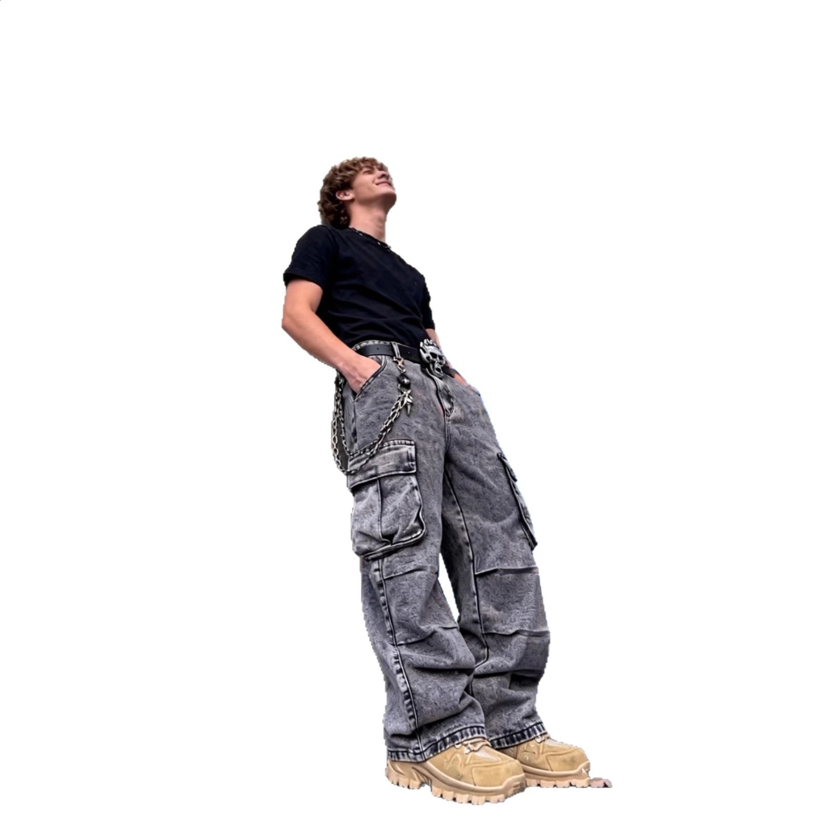 Multipocket workwear jeans for men American style trendy high street loose fit hiphop wideleg straight pants 240819