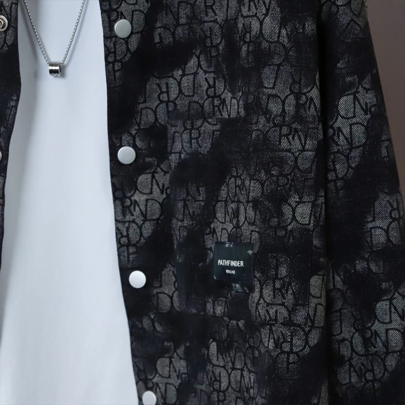 Chinese-Style Men's Jacquard Print Denim-Style Jacket Shirt, Long Sleeve Polyester Outerwear with Shawl Collar and Single-Button Closure for Autumn Me - view 4