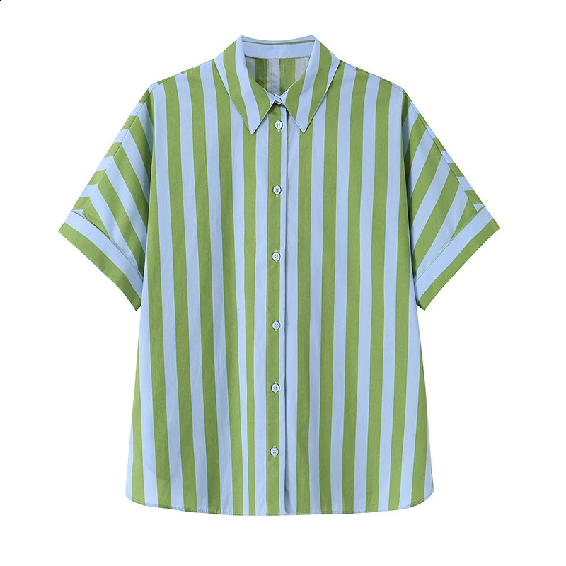 Willshela Women Fashion Green Striped Single Breasted Blouse Vintage Lapel Neck Short Sleeves Female Chic Lady Shirts 260626