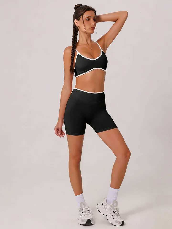 Set 2 Piece Women Workout Contrast Trim Yoga Sports Bra Biker Shorts Activewear M260626 - view 4