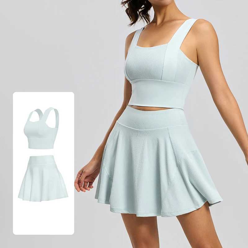 Womens Ribbed Workout Outfit 2026 RacerPush Up Fixed Chest Pads Workout Set High Waist Skirt with Liner 2 Piece Yoga Set M260626 - view 5