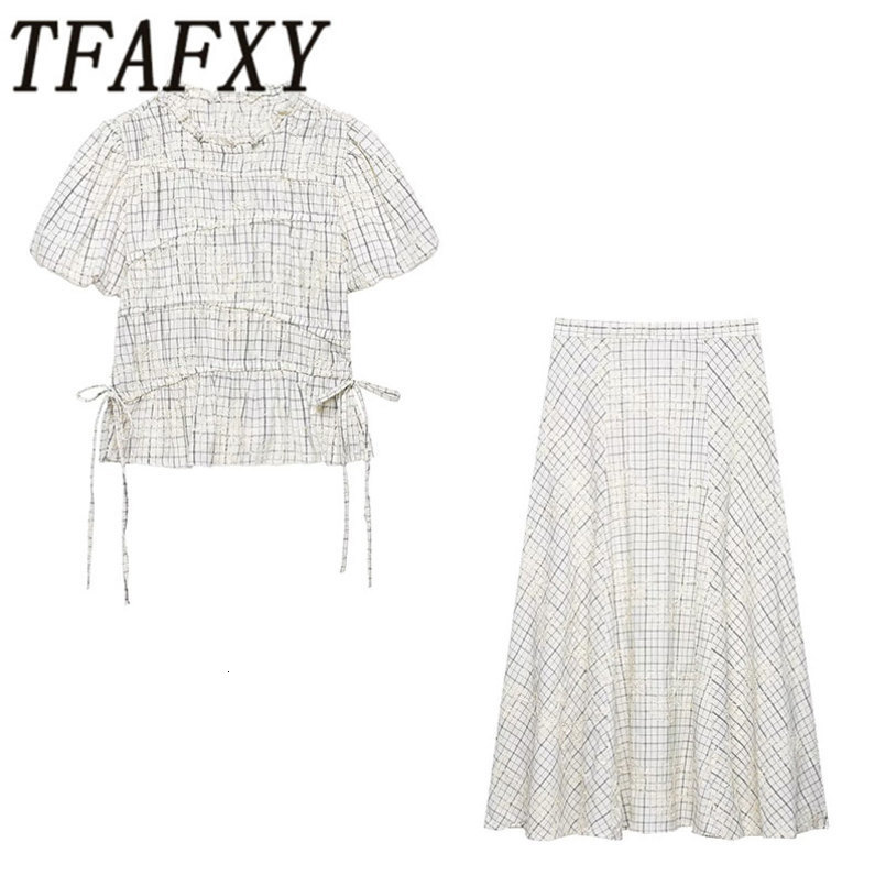TFAFXY 2026 Summer Bow Plaid Embroidered Blouse Women Sets Aline Midi Long Skirt Suits Y2K 260625