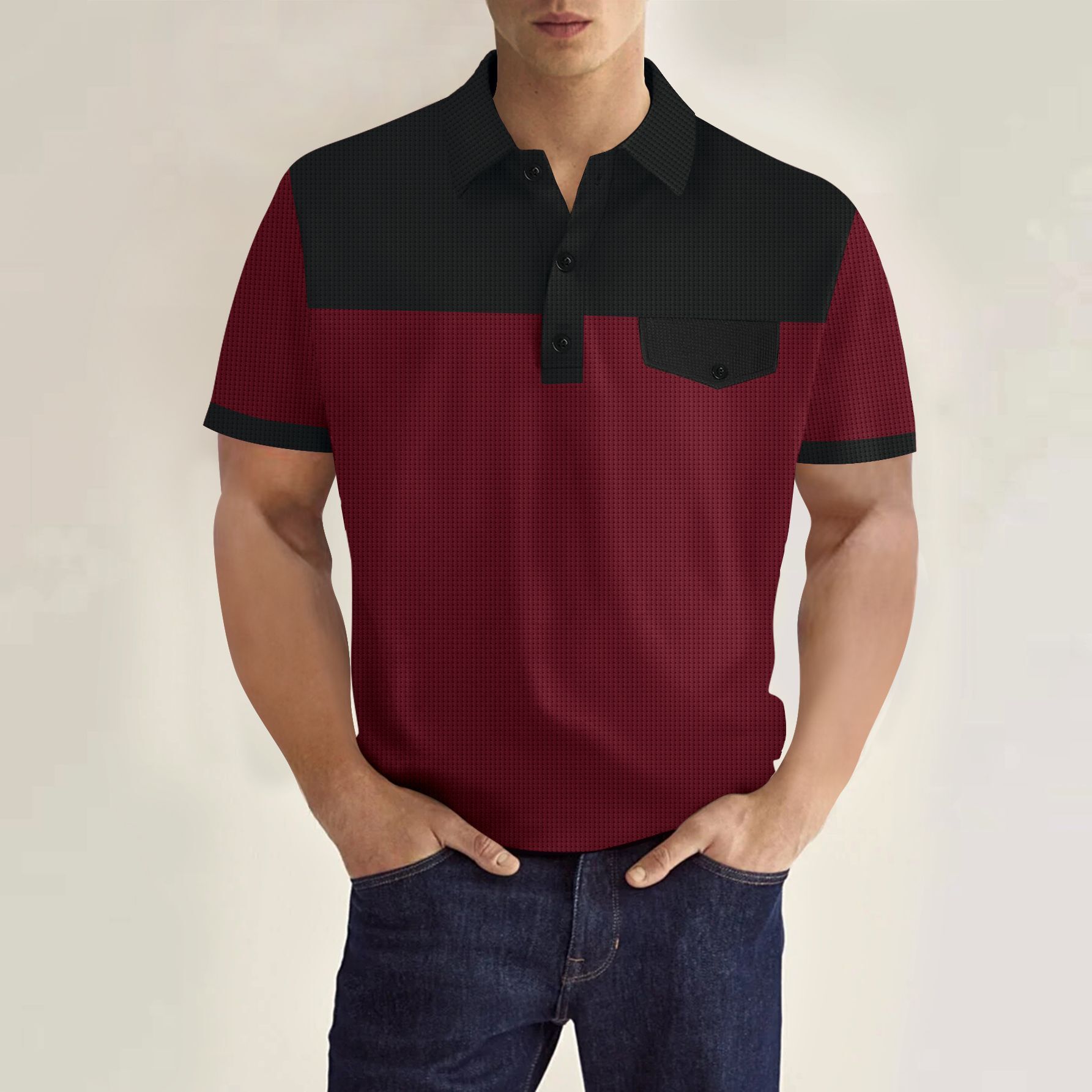 2026 European New Men's Waffle Collar Polo Shirt With Patchwork And Faux Pocket Buttons On The Chest - view 3