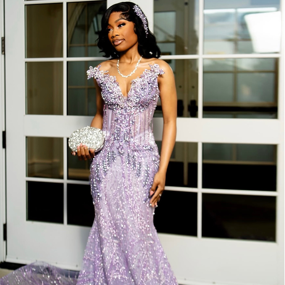 Purple Long Prom Dresses 2026 For Black Girls Corset Sweetheart Sequin Crystal Tassel Evening Gowns For Party - view 3