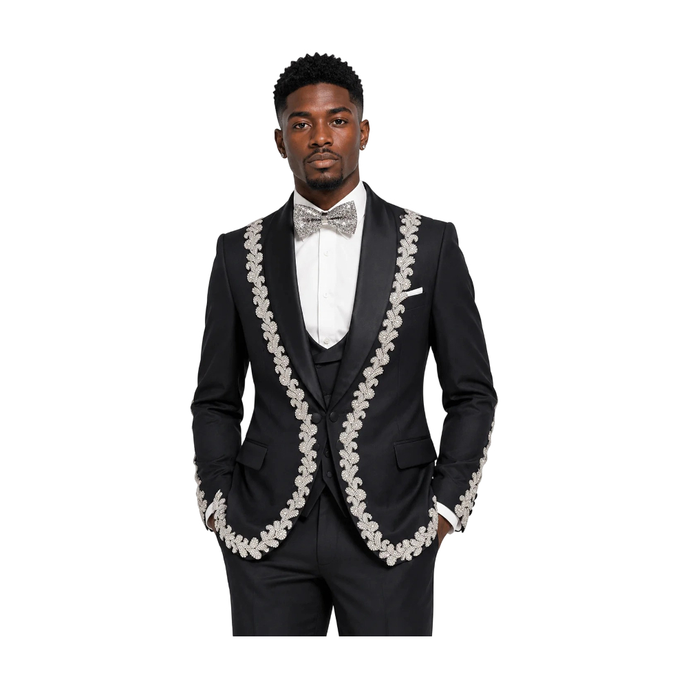 Modern Men Suits Tailor-Made 2 Pieces Beading Jacket Shawl Lapel Wedding One Button Blazer Evening Party Customized Coat Black Pants Plus Size - view 7