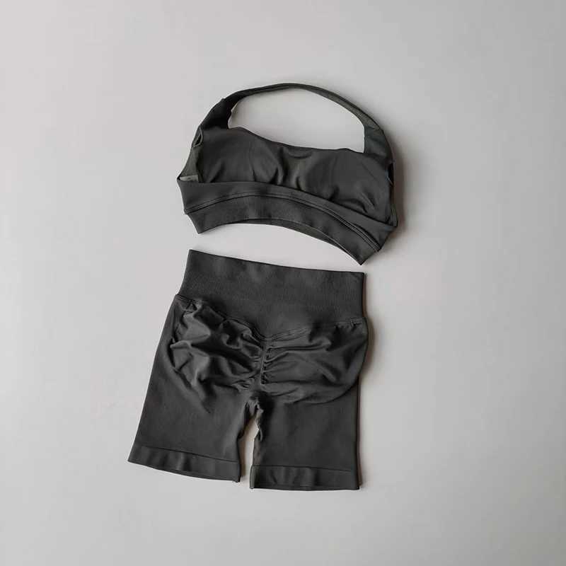 Sexy Beautiful Halter Neck High Waist Peach Sports Bras Shorts Suit Pilates Gathering Yoga Vest Training Fitness Bra Sets M260626 - view 6