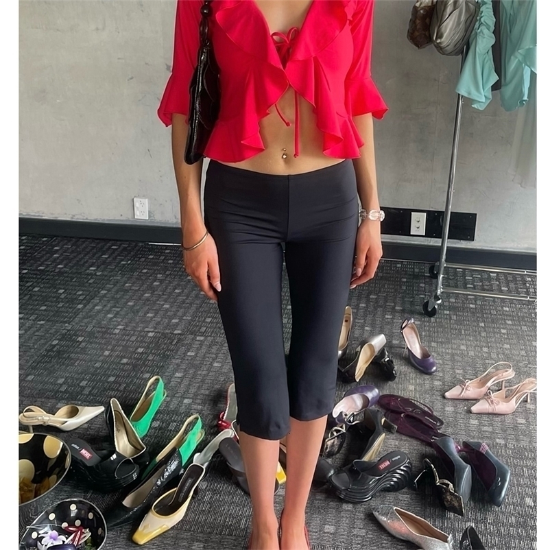 Low Rise Split Hem 3/4 Length Skinny Pants Women Solid Fold Over Leggings Casual Summer Streetwear Yoga Pants 260625 - view 3