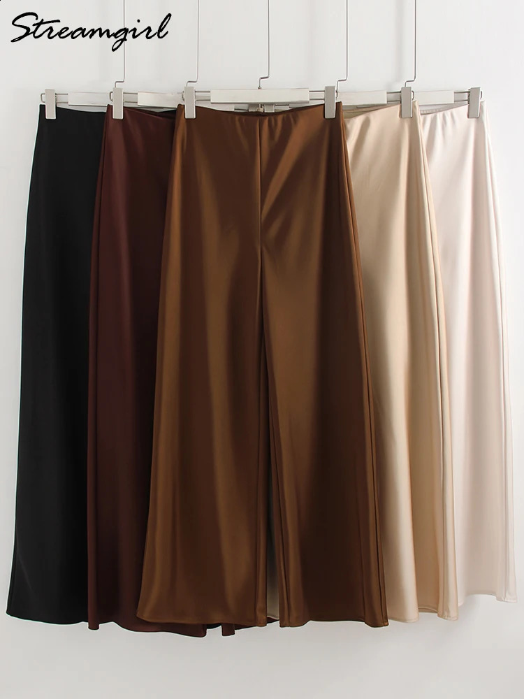 Streamgirl Summer Satin Pants For Women Wide Leg Beige Silk Trousers Long Straight y Elegant 260625 - view 7
