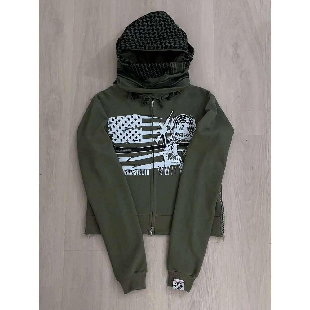 New y2k dark patchwork casual loose printed street trend hoodie W260626 - view 1