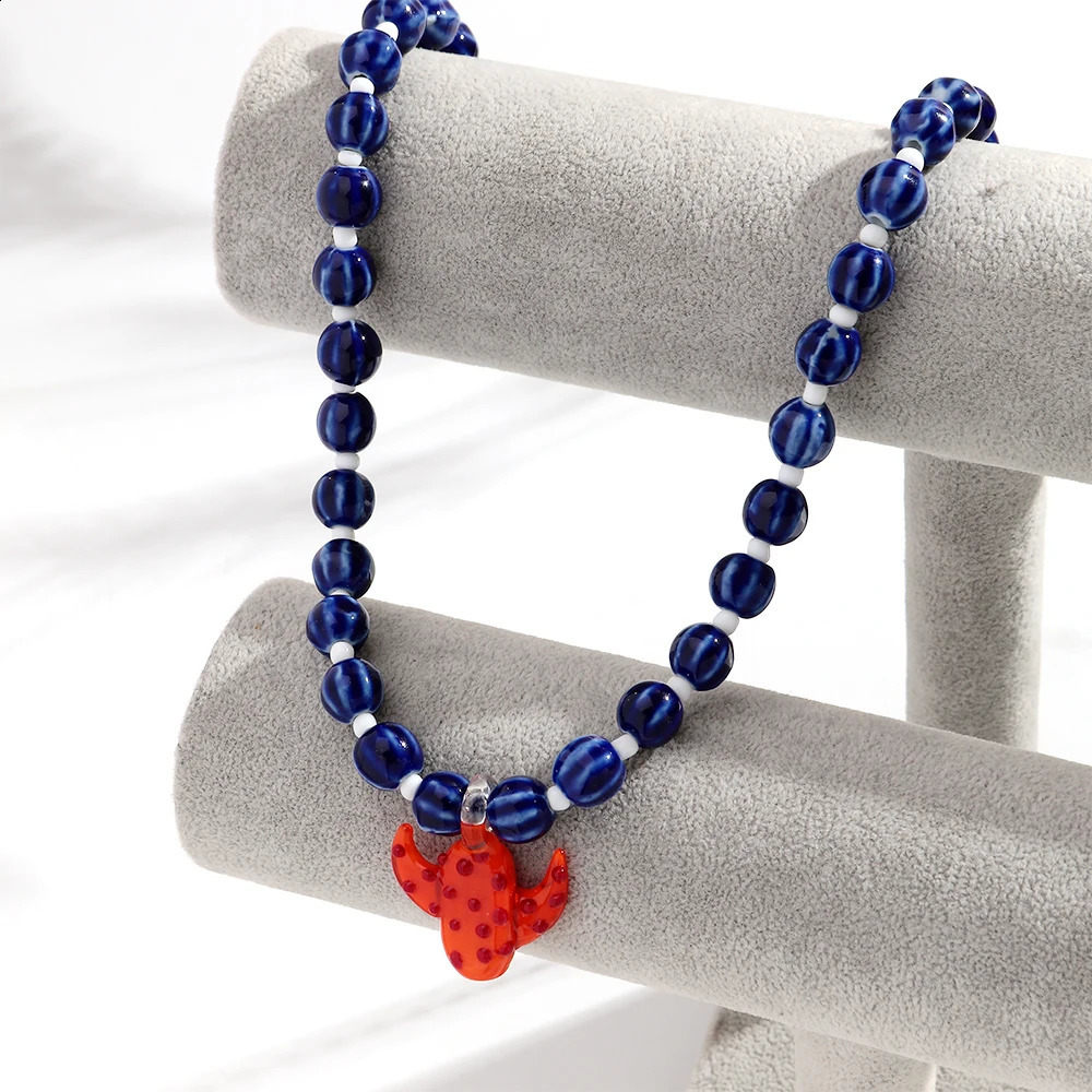 Creative Tropical Clownfish Cactus Pendant Necklace for Women Summer Trendy Round Ceramic Beads Chain Statement Jewelry Gift 260626 - view 3