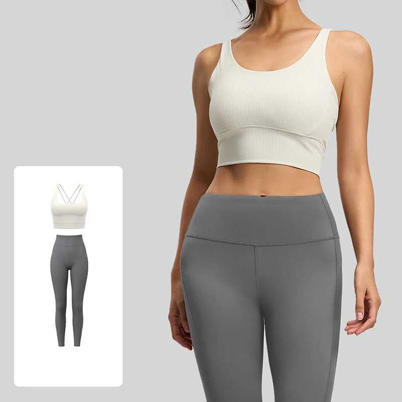 Cross Women Ribbed Yoga Set High Waist Leggings 2 Piece Yoga Set Tummy Control Butt Lifting Moisture Wicking Gym Set M260626 - view 4