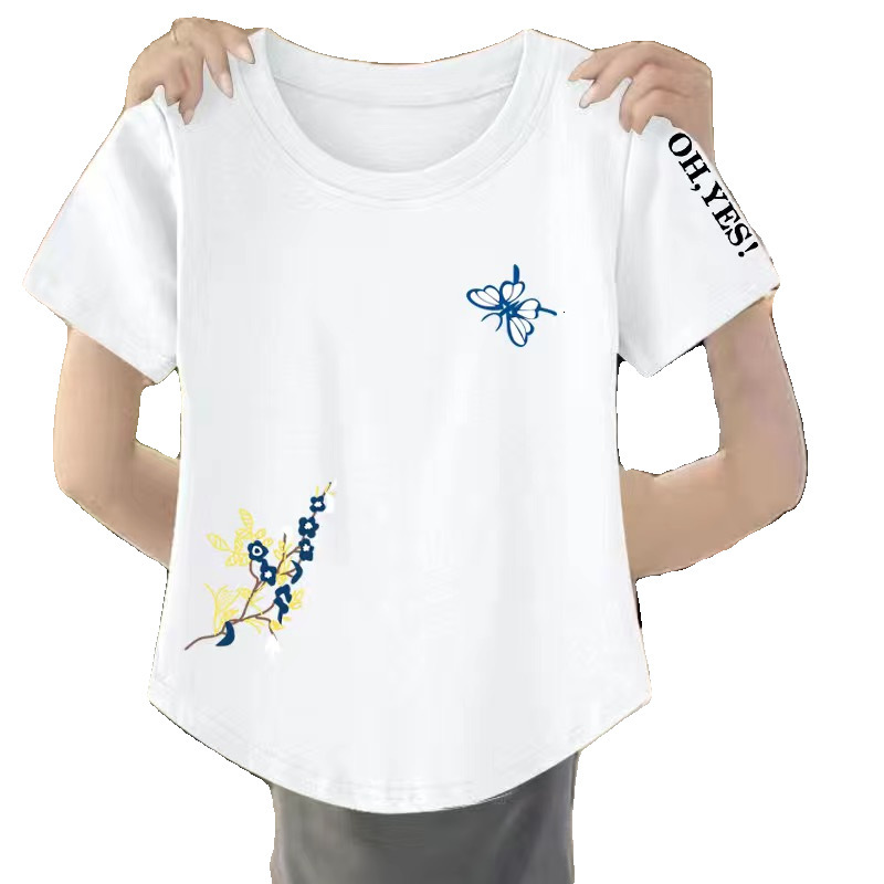Women's Short Sleeve T-Shirt, Navy Blue Tie-Dye Butterfly Floral Print Top - Round Neck Petal Sleeves, Polyester Casual Korean Fashion Shirt with Pock - view 6