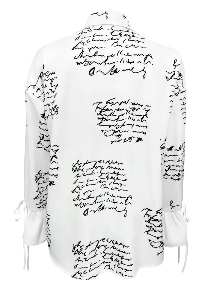 Womens White Script Print Button Down Shirt - Casual Tie Cuff Long Sleeve Blouse for Office Street Style 260626 - view 3