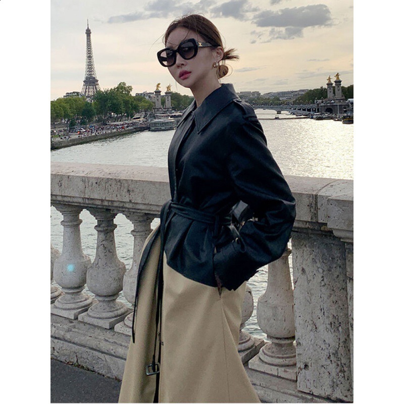 Fashion comparison Womens long jacket pu leather with a lapel and a thick collar autumn jacket with belt 241119