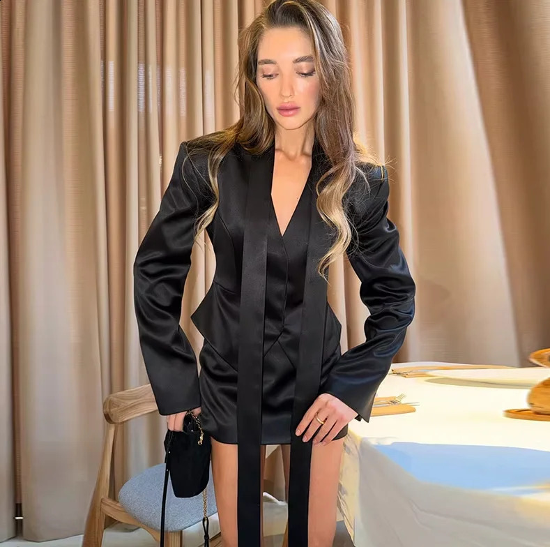 Women Skirt Set VNeck Necktie Detail Cropped Satin Blazer Solid Mini Elegant Formal Party Office Outfit Two Piece Suits 260625 - view 3