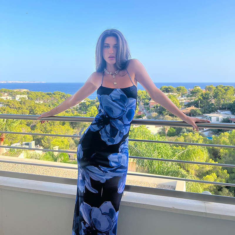 WQ25038PFO Halter Neck Backless Tie Dress 2025 Summer Beach Vacation Printed Maxi Dress