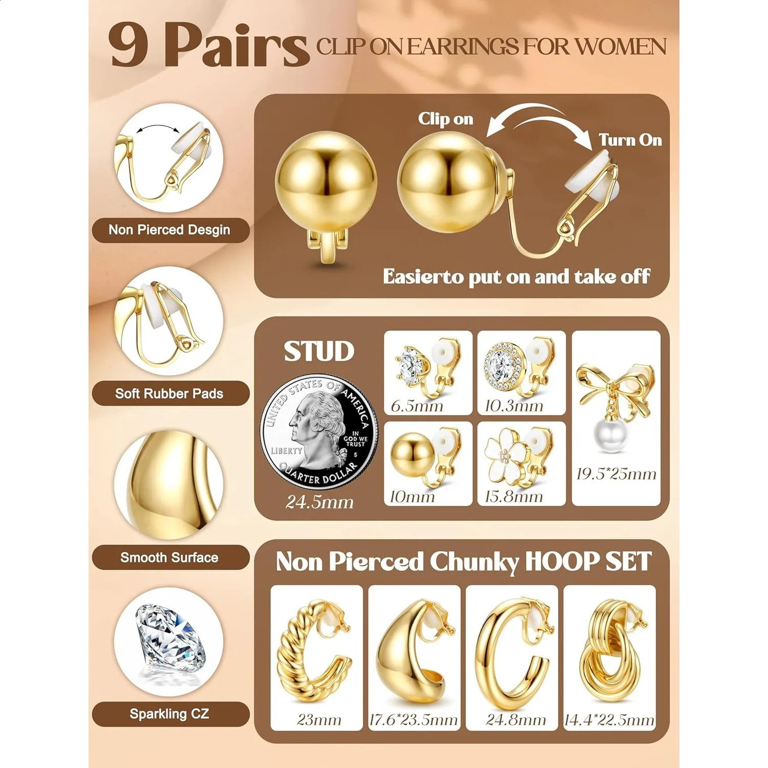 Bobisty Clip On Earrings for Women 14K Gold Plated Non Pierced Ears Clips CZ Pearl y Hoop Studs Earring Sets 260623 - view 6